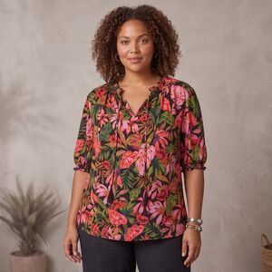 Terra Sky Dark Tropical Floral Peasant Top Black Pink Boho Rayon Romantic 2X